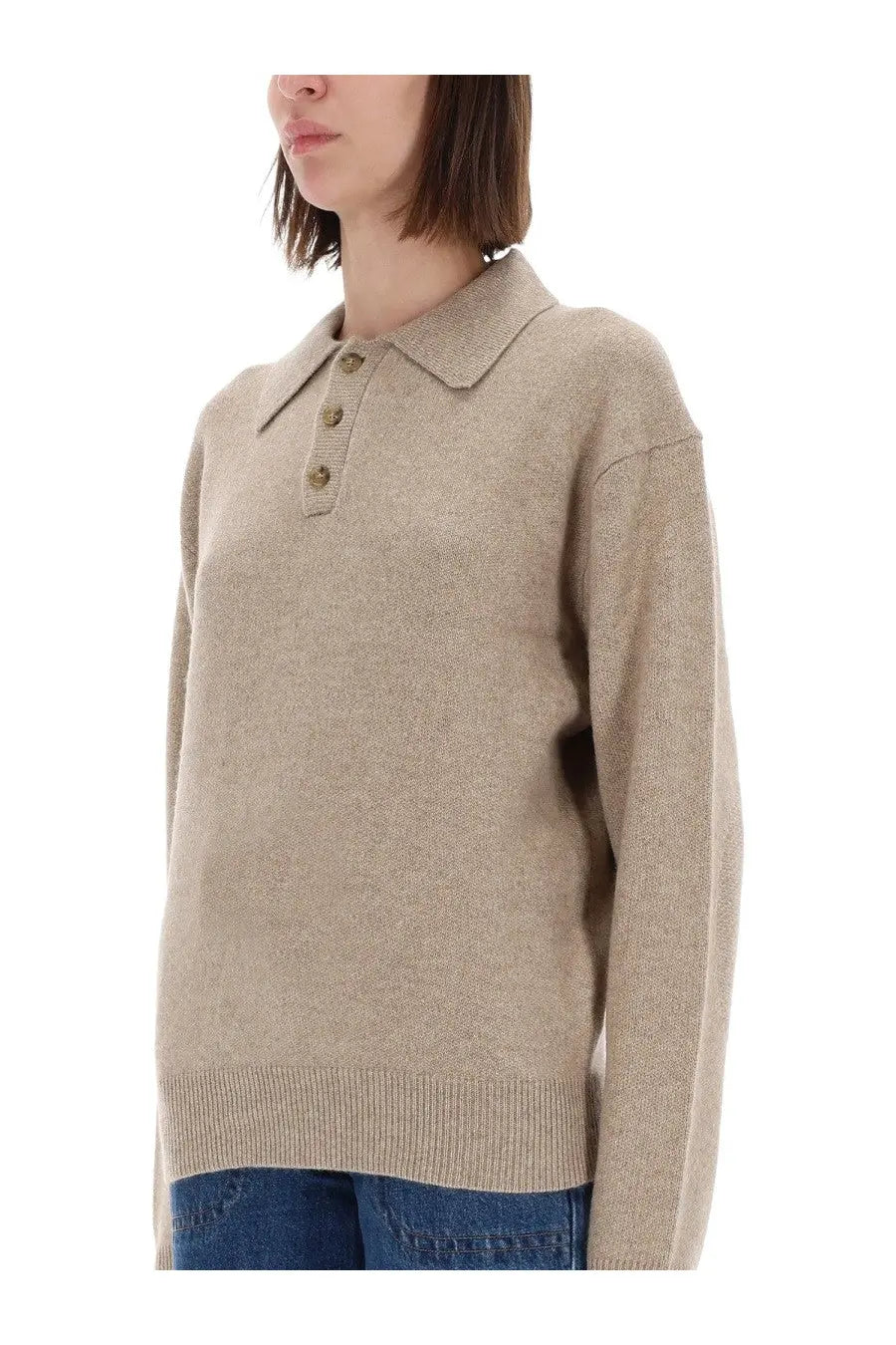 Guest In Residence women’s beige polo knit sweater with ribbed collar and cuffs in soft allday fabric