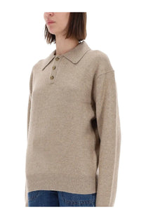 Guest In Residence women’s beige polo knit sweater with ribbed collar and cuffs in soft allday fabric