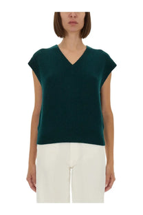 Dark green ribbed knit sleeveless top with v-neckline from guest in residence for women