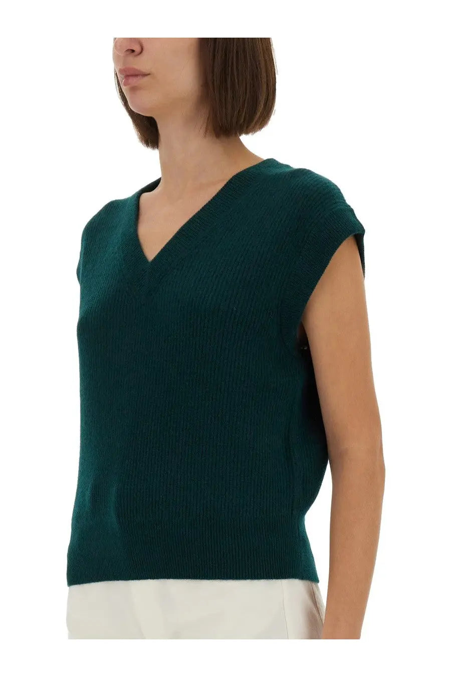 Deep emerald green ribbed knit sleeveless top with a v-neckline from Guest In Residence womens vest collection