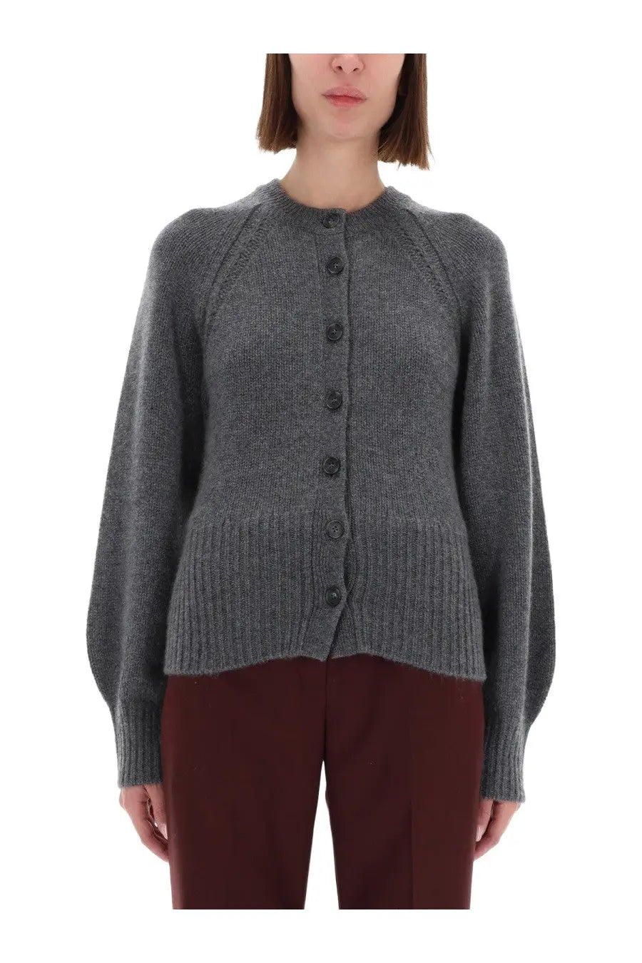 Guest in residence women’s sculpted gray knit cardigan with ribbed hem and cuffs and dark front buttons