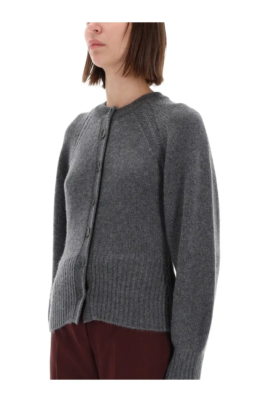 Guest In Residence women’s sculpted cardigan in soft heathered gray knit with round neckline and ribbed cuffs