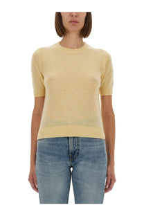 Guest in residence women’s short sleeved knit sweater in soft pale yellow with ribbed crew neckline and hem