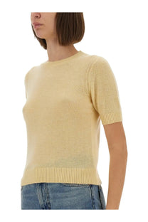 Guest in residence women’s short sleeved beige knit sweater with ribbed hem and cuffs in soft pale yellow