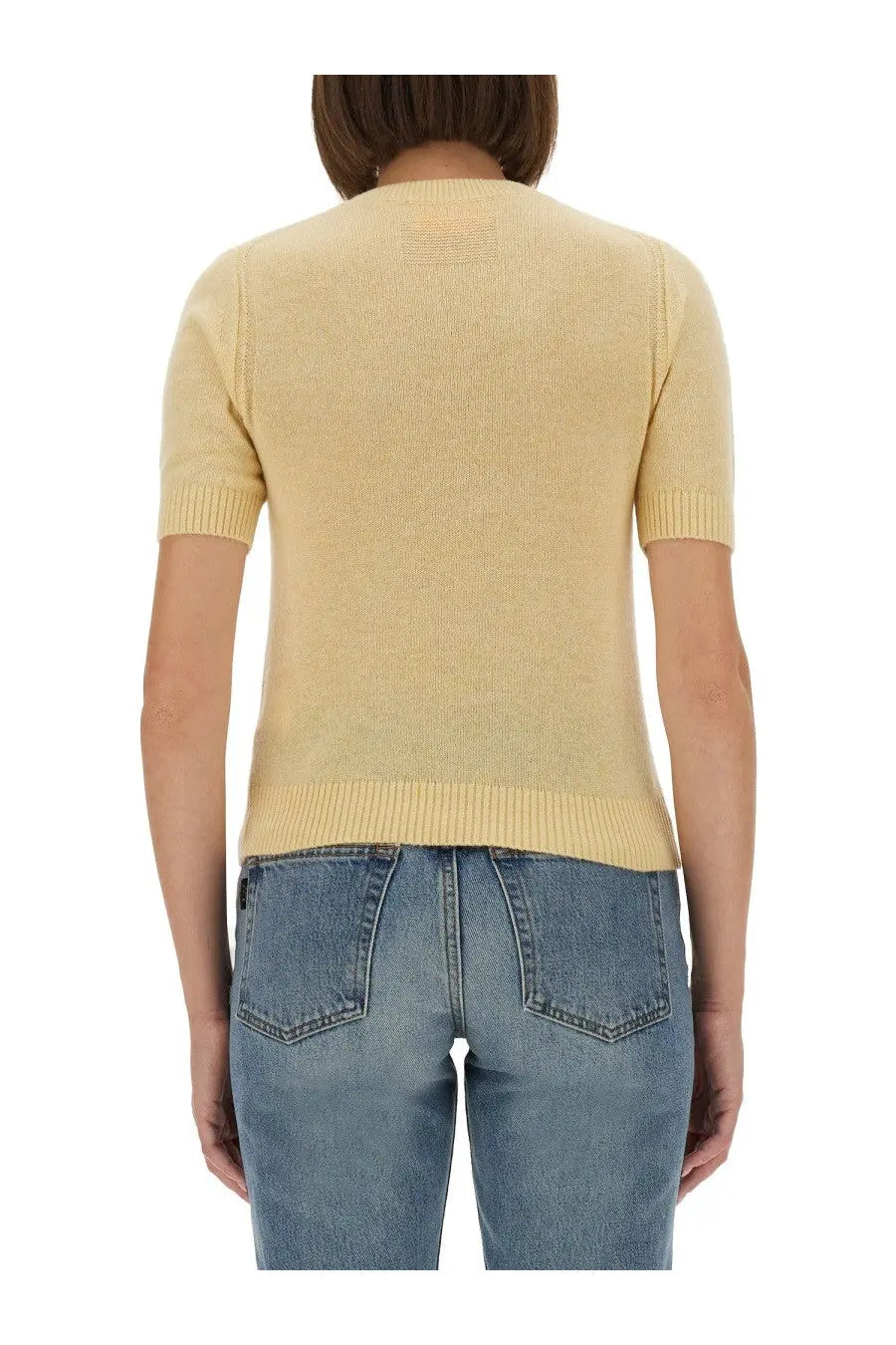 Guest in residence women’s short sleeved beige knit sweater with ribbed hem and cuffs in soft pale yellow