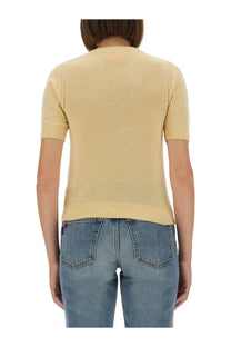 Guest in residence women’s short sleeved beige knit sweater with ribbed hem and cuffs in soft pale yellow