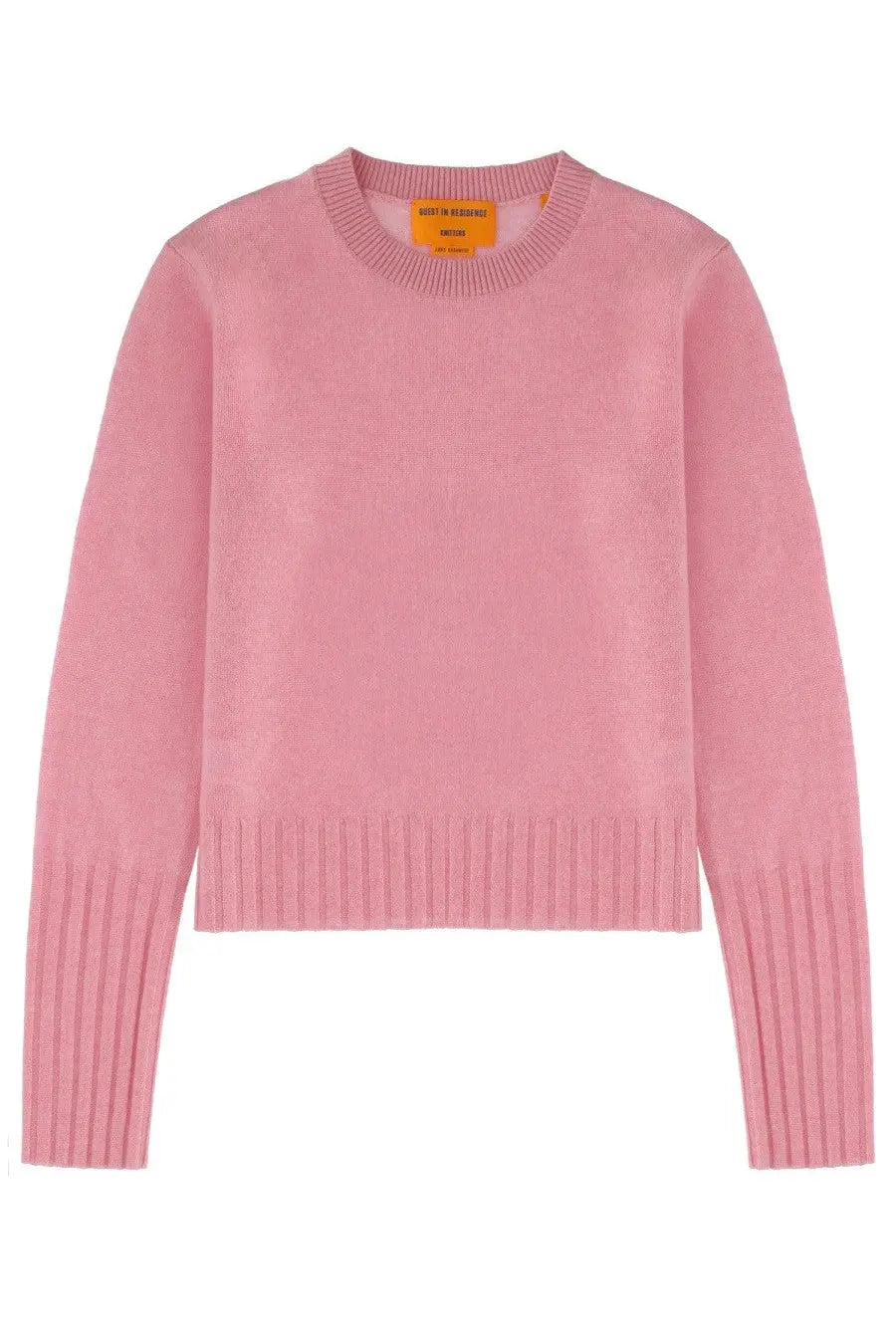 A soft pink ribbed-knit sweater with classic crew neck and long sleeves for women by guest in residence