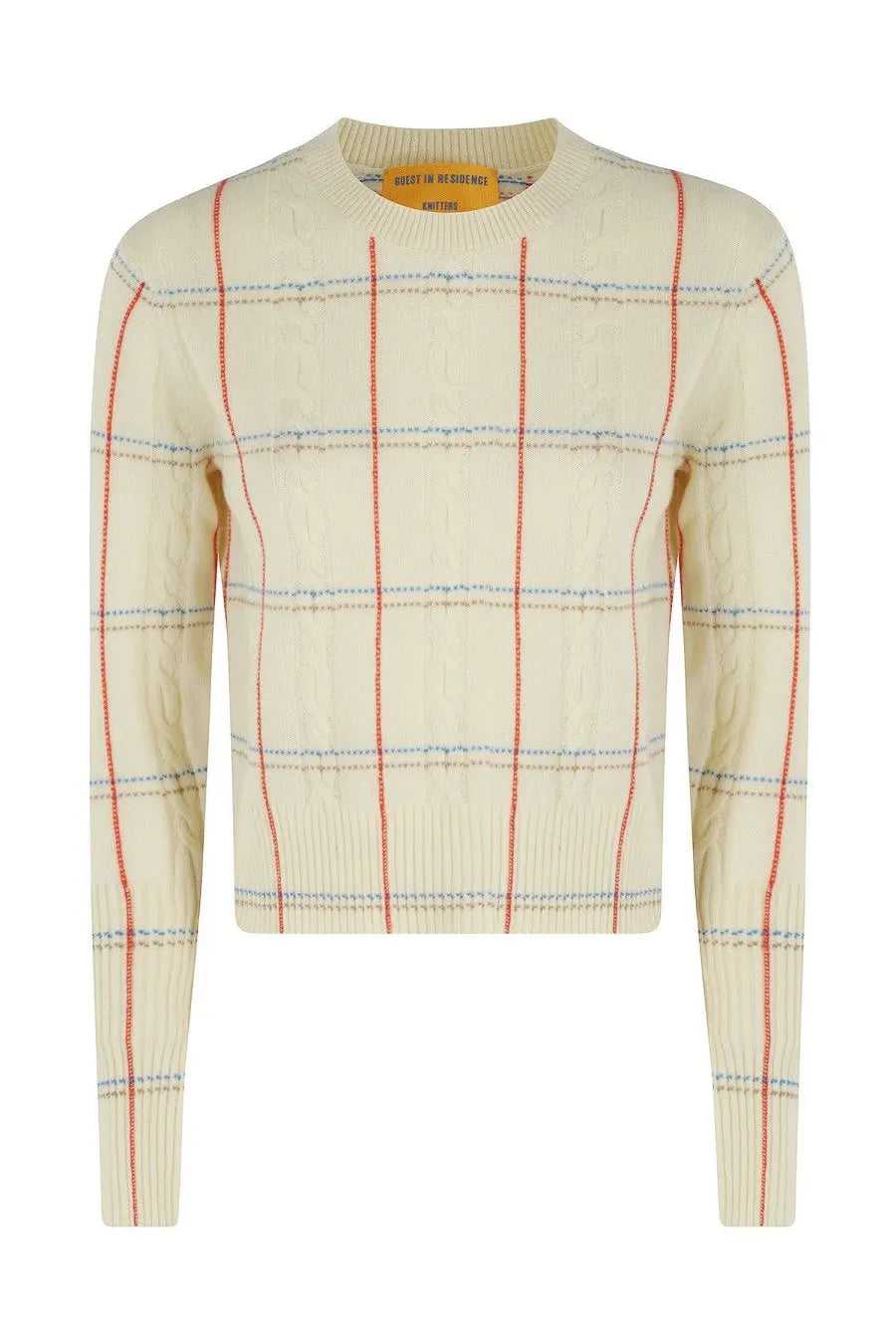 Guest in residence women’s cream knit sweater with vertical red stripes horizontal blue dotted lines and crew neck design