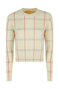 Guest in residence women’s cream knit sweater with vertical red stripes horizontal blue dotted lines and crew neck design