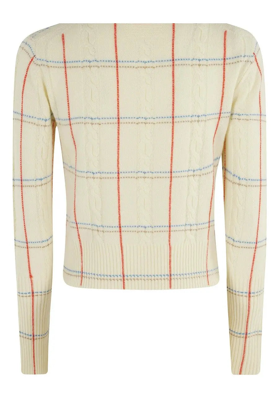 Guest In Residence women’s shrunken jersey cream knit sweater with vertical red and blue stripes