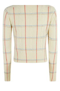 Guest In Residence women’s shrunken jersey cream knit sweater with vertical red and blue stripes