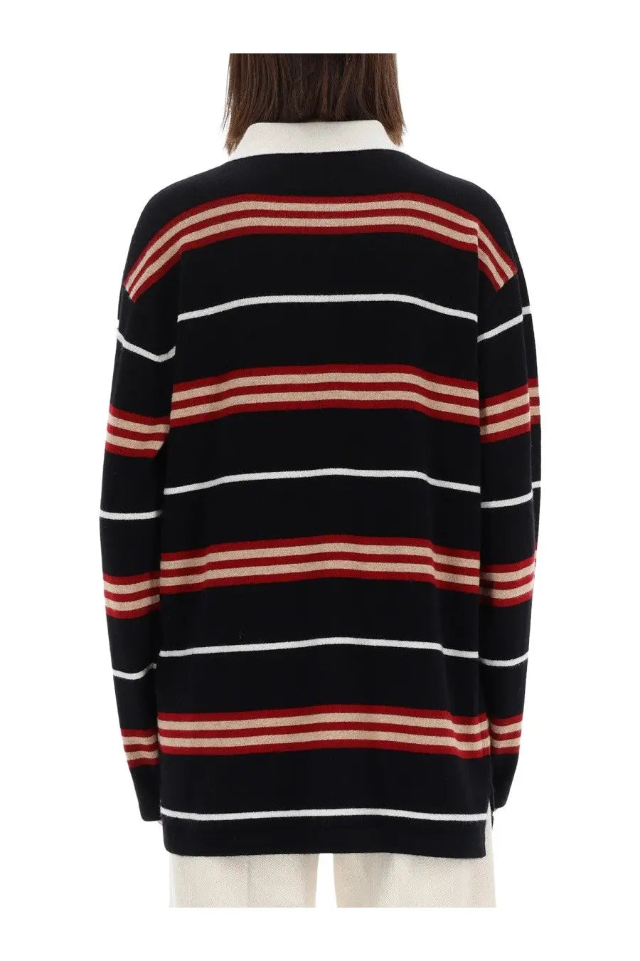 Guest In Residence women’s striped rugby polo shirt in black knit with red and white horizontal stripes and a collar