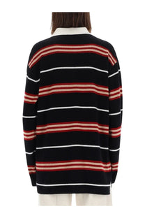 Guest In Residence women’s striped rugby polo shirt in black knit with red and white horizontal stripes and a collar
