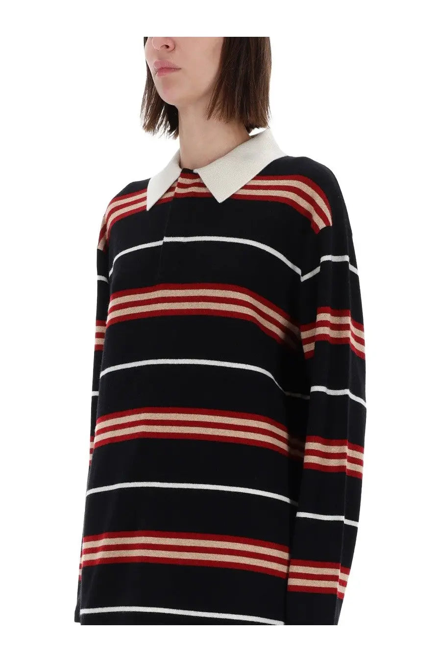 Guest in Residence women’s striped rugby polo shirt in black red and white knit with a cream contrasting collar