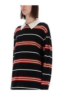 Guest in Residence women’s striped rugby polo shirt in black red and white knit with a cream contrasting collar