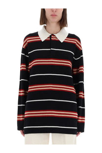 Guest In Residence women’s striped rugby polo shirt in black red and white with cream collar and long sleeves