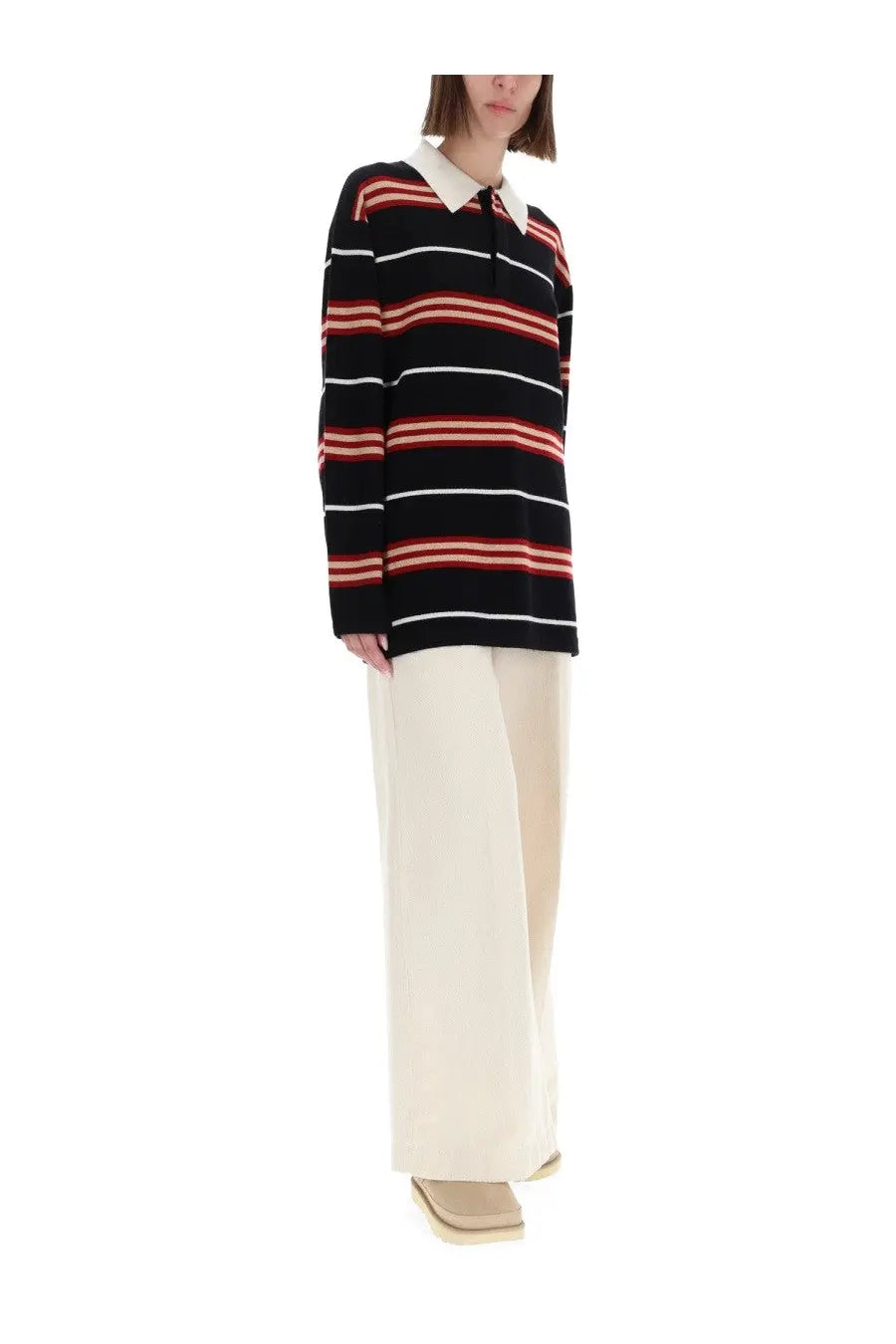 Guest In Residence women’s striped rugby polo shirt in black red and white with long sleeves and a cream collar
