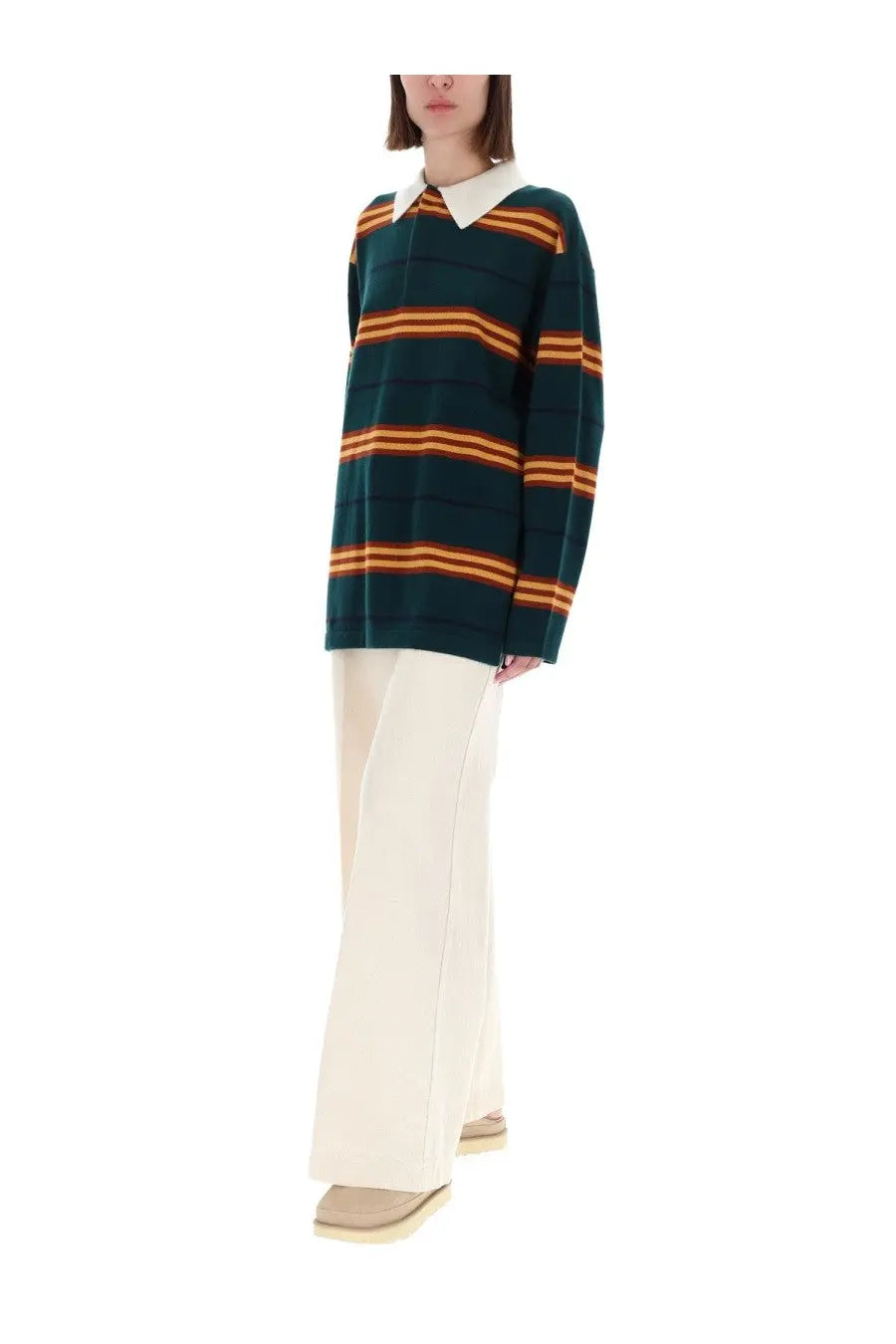 Guest in residence women’s striped rugby polo shirt in dark green and orange with long sleeves and white collar
