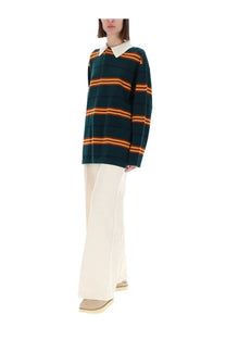 Guest in residence women’s striped rugby polo shirt in dark green and orange with long sleeves and white collar