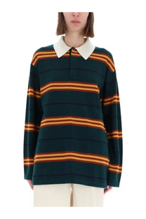 Guest In Residence women’s striped rugby polo shirt in dark green with orange and brown stripes and a white collar