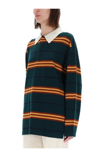 Guest In Residence women’s striped rugby polo shirt in dark green and orange with a white collar for casual wear