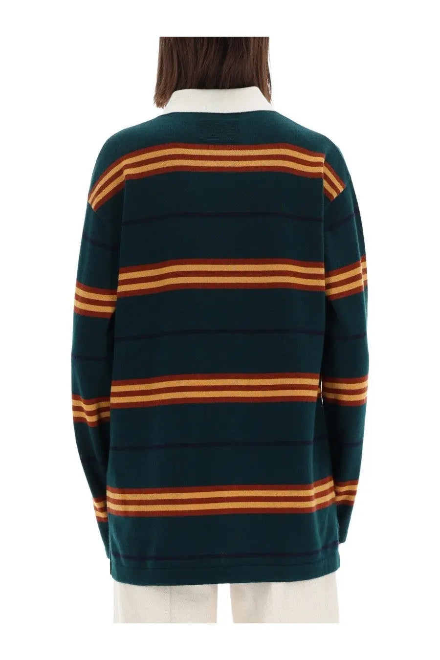 Guest in residence women’s striped rugby polo shirt in dark green with burnt orange and mustard yellow stripes and white collar