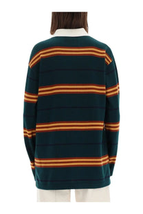 Guest in residence women’s striped rugby polo shirt in dark green with burnt orange and mustard yellow stripes and white collar