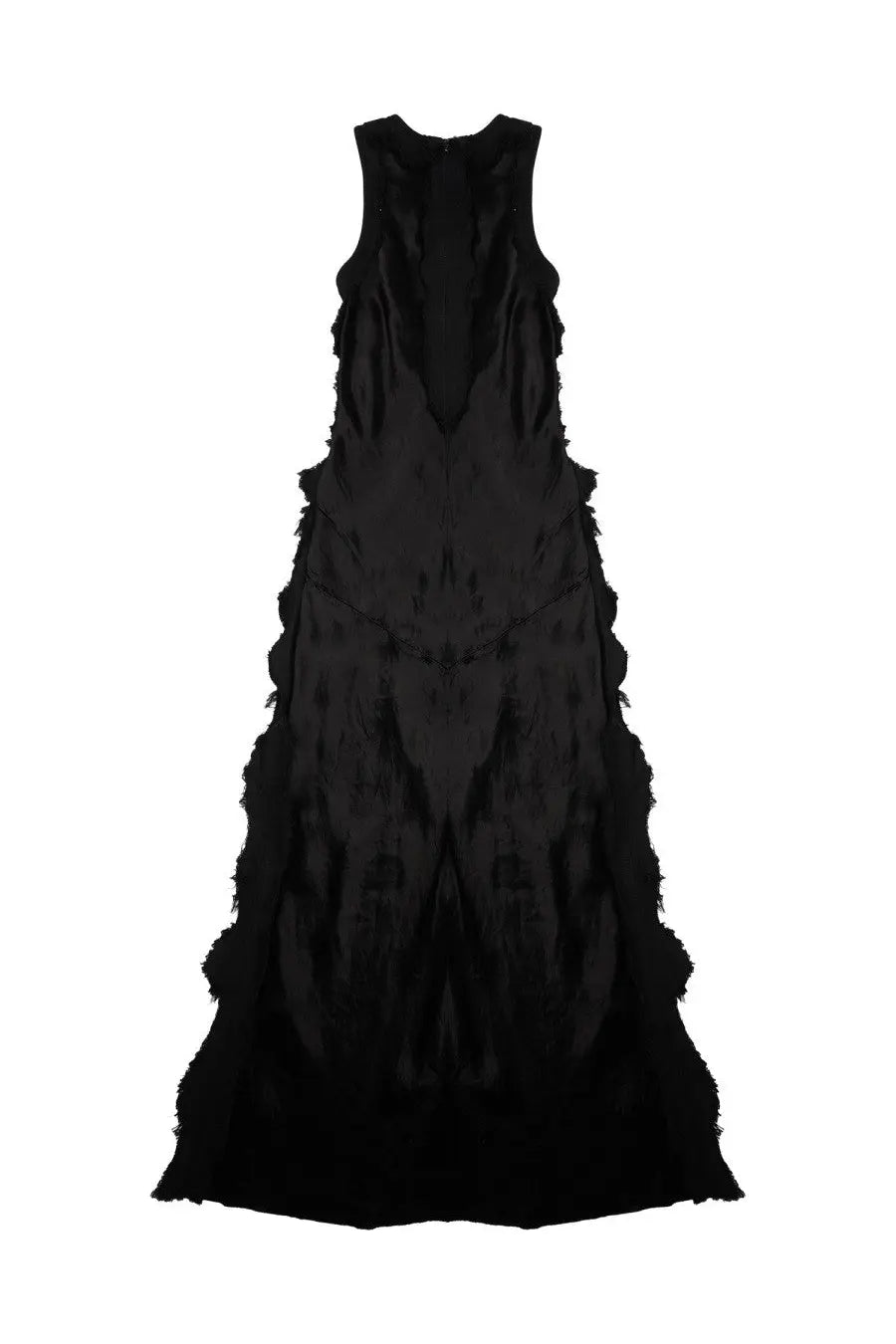 Haikure women’s abito toto bull black satin gown with layered frayed ruffles cascading down the length