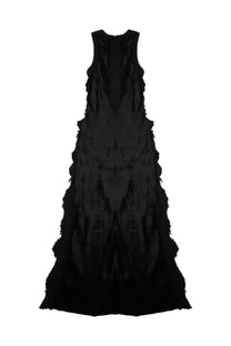 Haikure women’s abito toto bull black satin gown with layered frayed ruffles cascading down the length