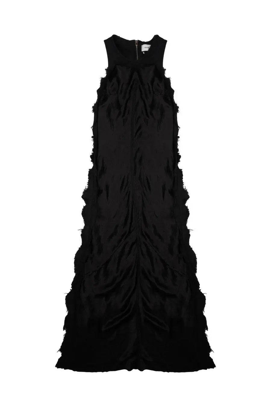 Haikure womens abito toto bull black satin sleeveless maxi dress with layered ruffles and central neckline zipper