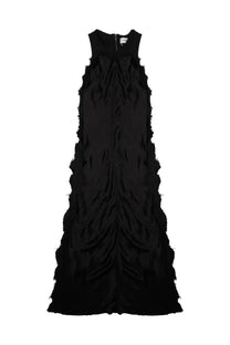 Haikure womens abito toto bull black satin sleeveless maxi dress with layered ruffles and central neckline zipper