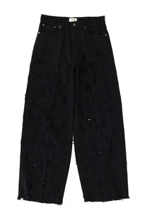 Haikure women’s bethany bull destroy black denim jeans featuring wide-leg fit with distressed frayed edges and texture