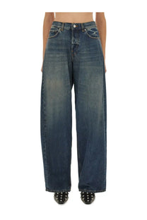 Haikure women’s Bethany high-waisted wide-leg denim jeans in medium blue wash with subtle fading and distressed details