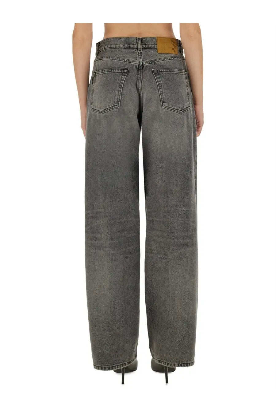Haikure women’s Bethany jeans grey dark gray wide-leg denim with faded wash and brown leather patch at waistband back view