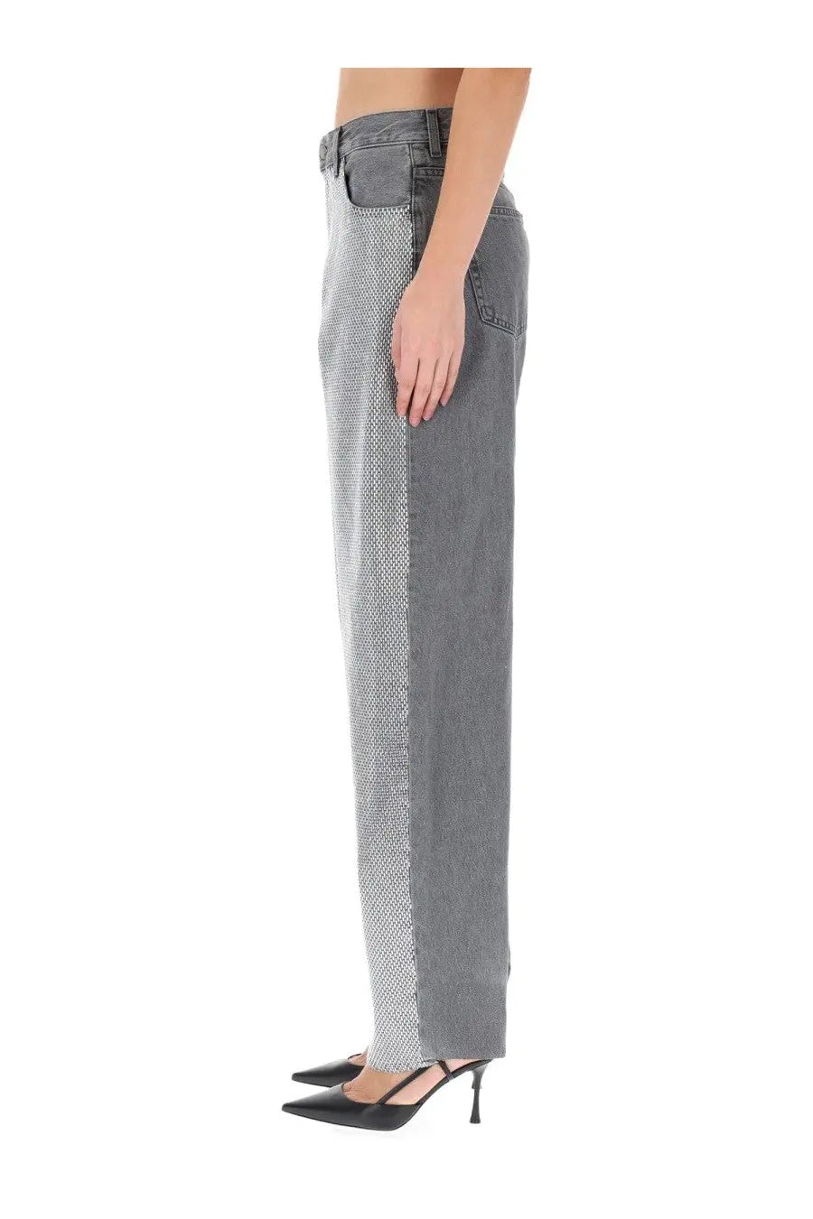 Haikure women’s bibi denim pants grey with vertical silver textured mesh panel on the outer leg in gray denim