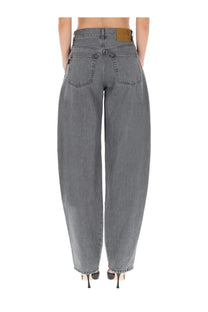 Haikure women’s bibi denim pants gray high-waisted wide-leg gray denim jeans with brown leather patch at waistband back view