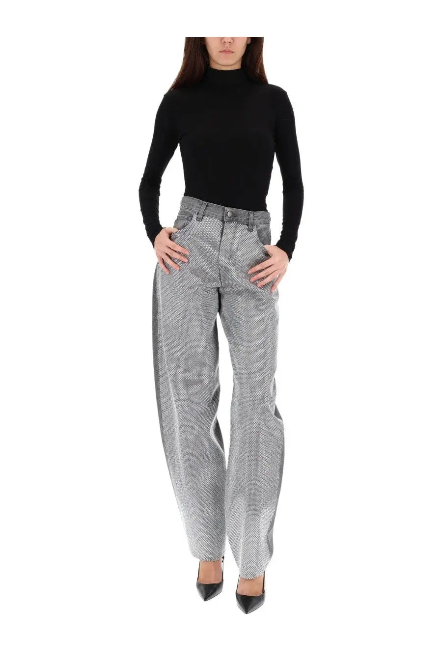 Haikure women’s bibi high-waisted wide-leg trousers in textured silver-gray denim with subtle dot pattern