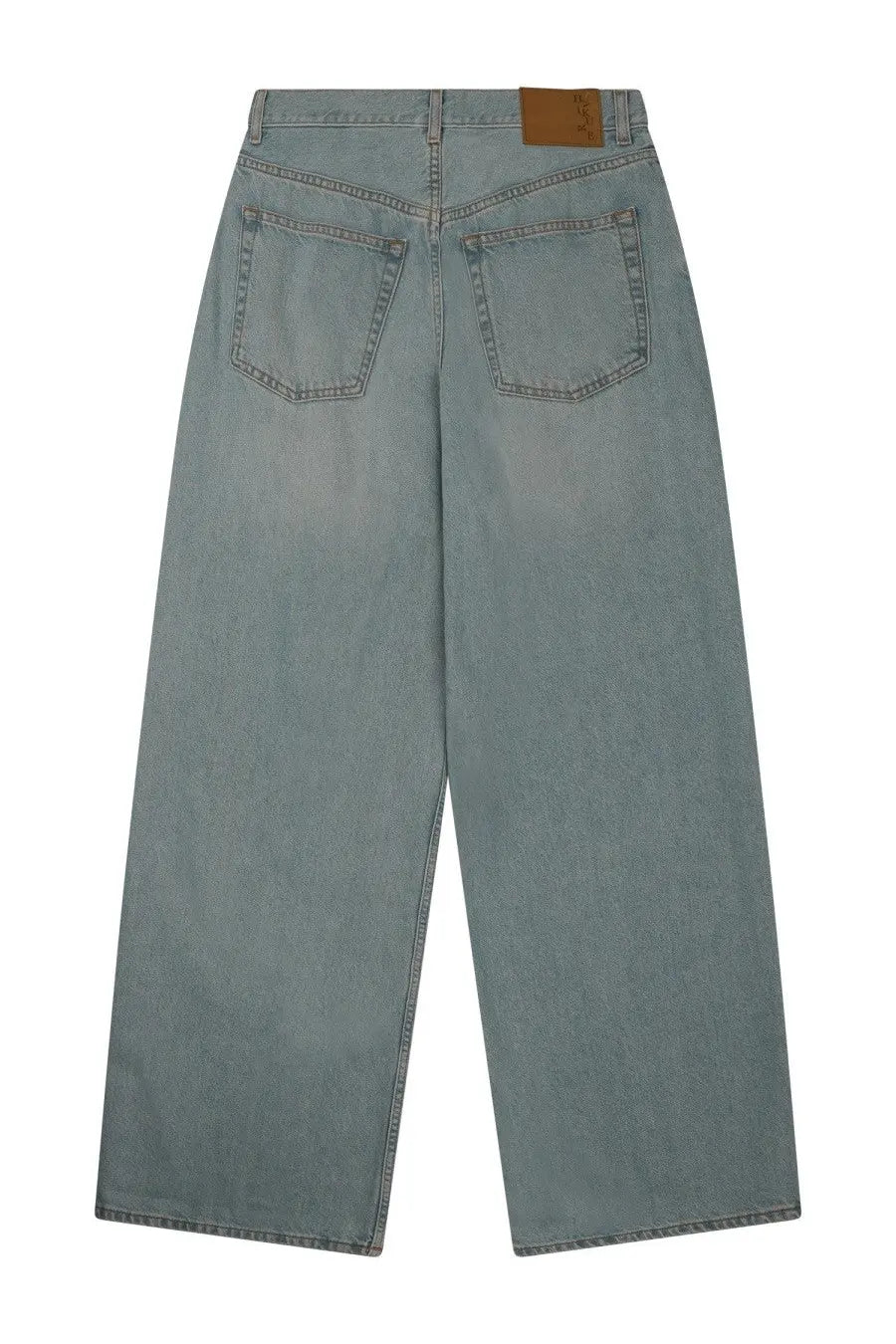 Haikure women’s jeans candy blue light-wash denim wide-leg with classic back pockets shown from the back side