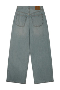 Haikure women’s jeans candy blue light-wash denim wide-leg with classic back pockets shown from the back side