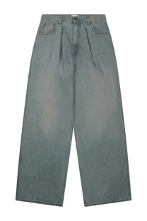 Haikure women’s jeans candy blue wide-leg high-waisted denim jeans in faded gray wash with visible stitching