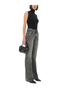 Black leather mini handbag with structured design and top handles paired with haikure women’s jeans flora grey