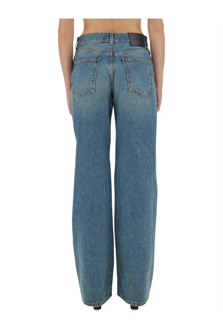 Haikure women’s jeans korea blue wide-leg blue denim jeans showing the classic back pockets from the back side