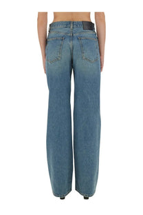 Haikure women’s jeans korea blue wide-leg blue denim jeans showing the classic back pockets from the back side