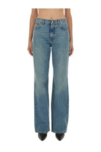 Haikure women’s jeans in korea blue feature high-waisted medium blue denim with a straight-leg cut and five-pocket design