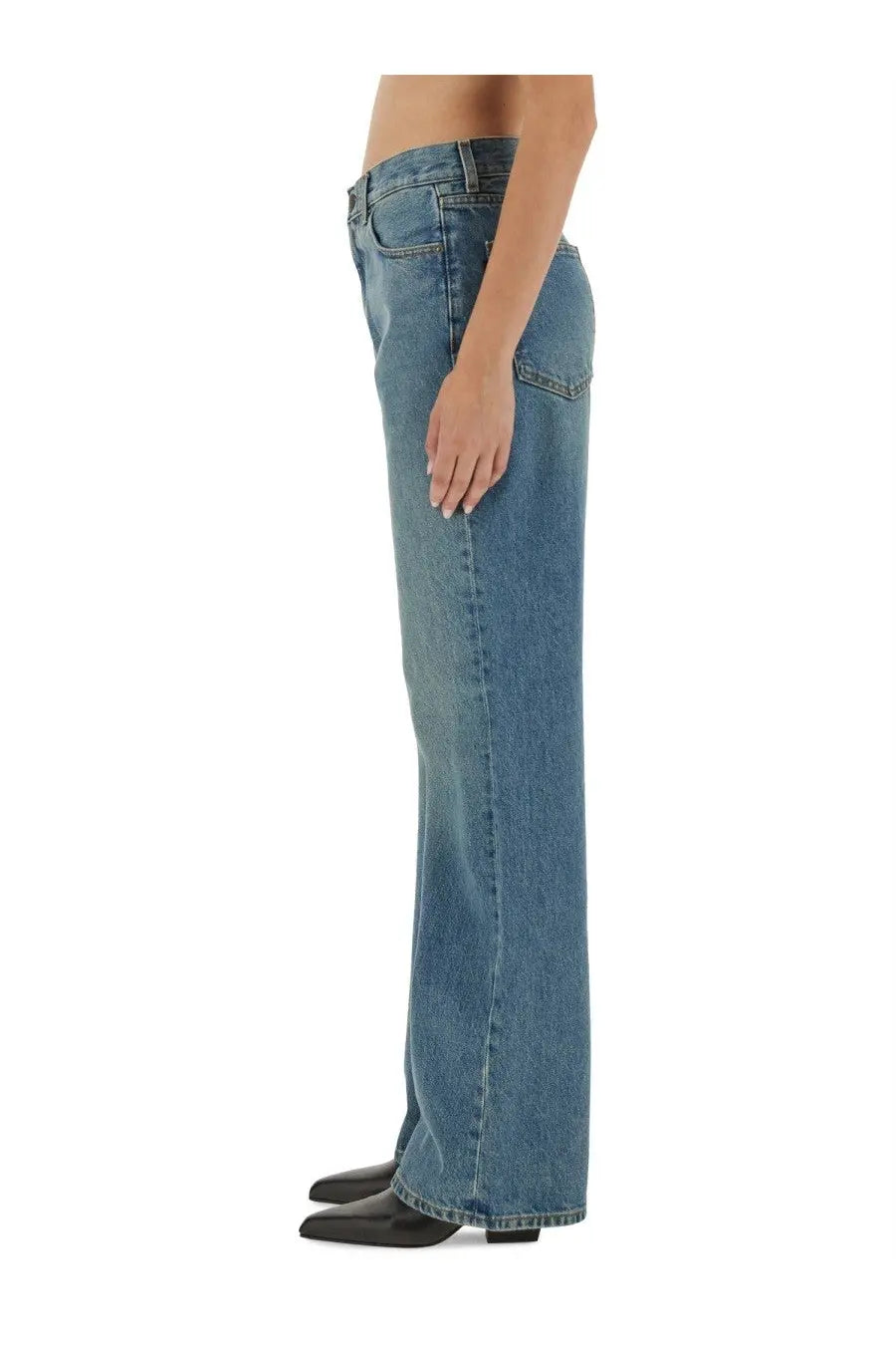 Haikure women’s jeans Korea blue medium-wash blue denim with straight-leg cut and classic five-pocket design