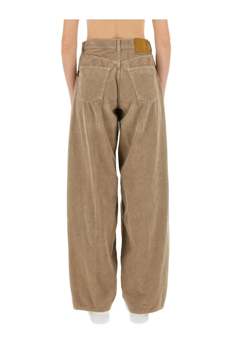 Haikure women’s pants bethany beige tan corduroy wide-leg pants with brown leather brand patch at waistband back view