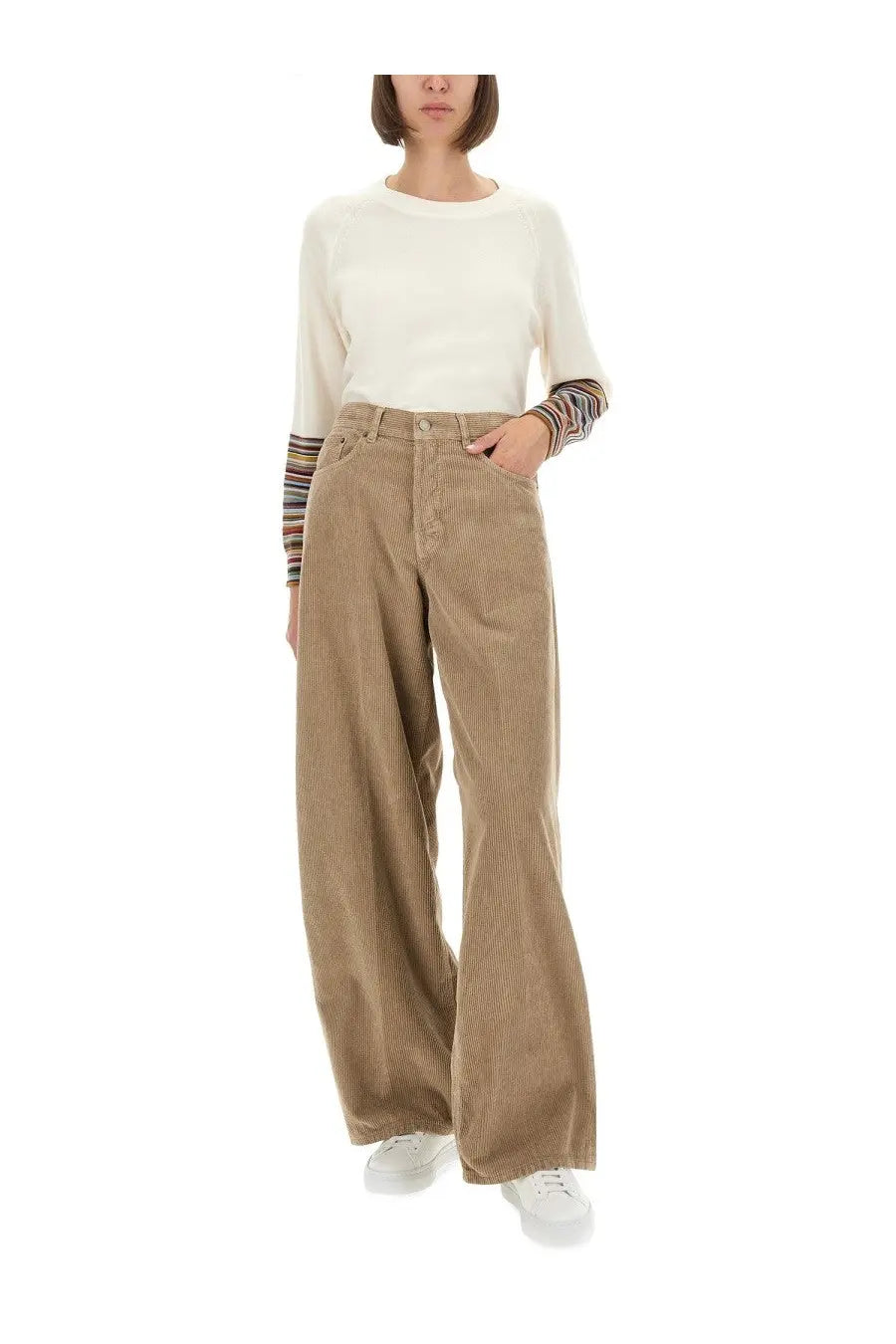 Haikure women’s tan corduroy wide-leg pants with subtle vertical ribbed texture and classic five-pocket design