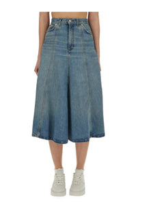 Haikure women’s serenity midi skirt blue high-waisted denim with faded wash and subtle vertical seam detailing