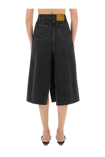 Haikure women’s stacy midi skirt black showing back side with high waist wide-leg denim culottes and tan leather patch