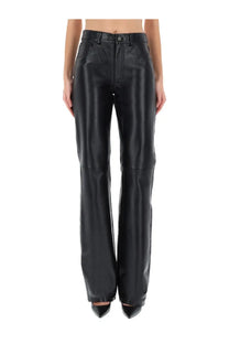 Haikure women’s star black denim and leather pants in black faux leather with high-rise straight-leg and five-pocket design